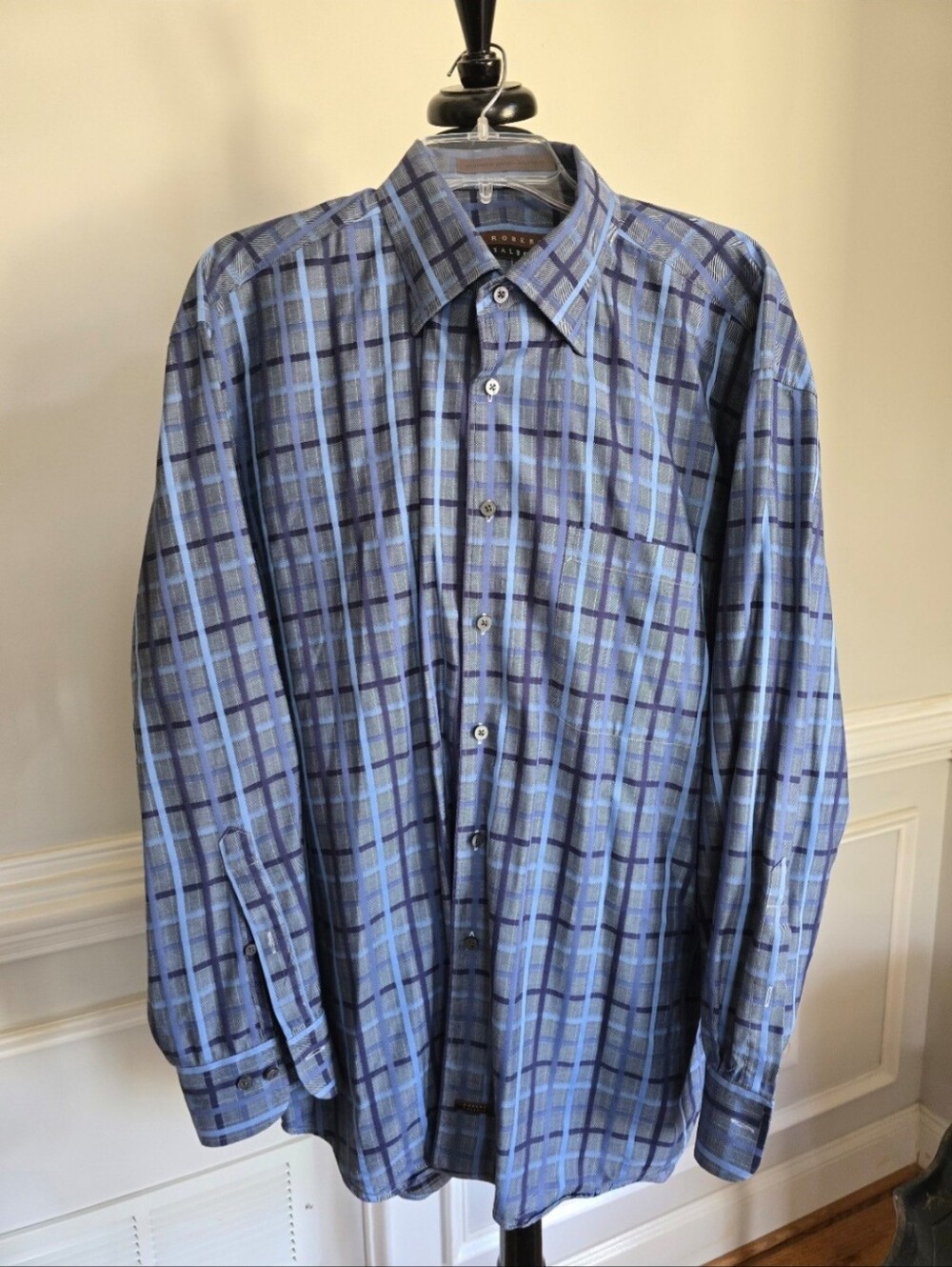 Robert Talbott Men's Blue Plaid Cotton Button-Down Shirt Size L